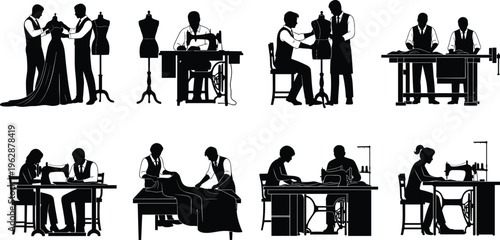 Tailor and sewing workshop silhouettes set, fashion designers dressmaking, sewing machine workers, atelier clothing production vector illustration