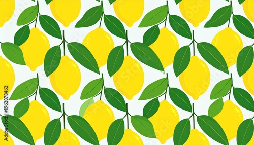 Vibrant Seamless Lemon Pattern with Fresh Yellow Citrus Fruits and Green Leaves on a White Background for Summer Textile and Wallpaper Design