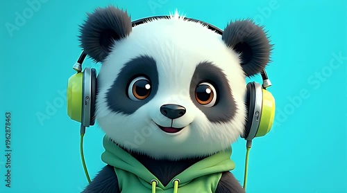 Fluffy Panda Character Wearing Neon Headphones And Hoodie Minimal Vibrant Background Cute 3D Portrait Illustration
