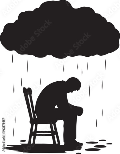 A silhouette of a lonely person sitting on a chair under a rain cloud