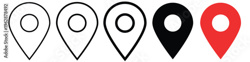 Collection of map pin icons in various styles and colors isolated on white background