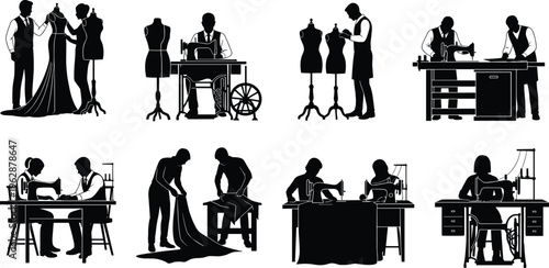 Tailor sewing silhouettes set, fashion designers dressmaking workshop, seamstress sewing machine, clothing production vector illustration