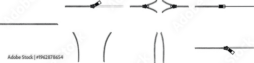 Zipper teeth vector illustration set with open closed separating ends sewing fastener elements minimal line collection