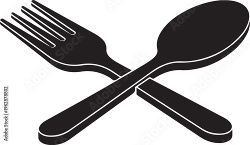 Crossed black fork and spoon on white background