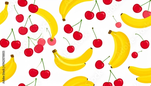 Seamless Vector Pattern Design Featuring Ripe Yellow Bananas and Juicy Red Cherries on White Background