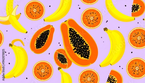 Vibrant Tropical Fruit Pattern with Papaya, Banana, and Orange Slices on Lavender Background Illustration