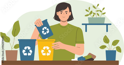 A young woman carefully sorts various waste items into appropriate recycling bins for environmental sustainability