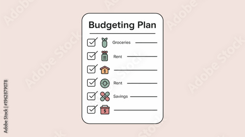 A budgeting plan checklist with icons on a pink background for financial organization and management