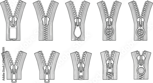 Zipper line vector set with different slider styles clothing fastener detail sewing elements collection isolated design