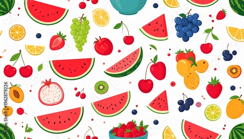 Vibrant Summer Fruit Pattern Illustration Featuring Watermelon, Grapes, and Berries on White Background