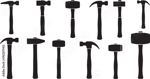 Collection of various black hammers on white background