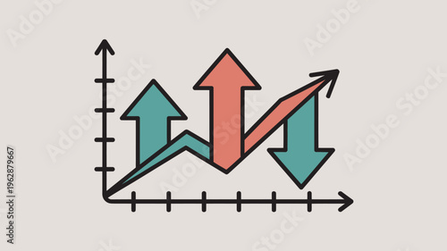 A colorful graph with arrows pointing up and down, illustrating fluctuating trends and statistics.