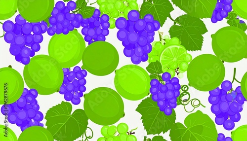 Vibrant Seamless Pattern Featuring Purple Grapes and Fresh Green Limes with Vine Leaves