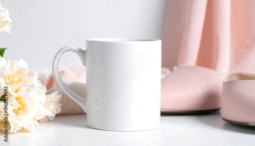 White Ceramic Mug Mockup with Soft Pink Accents and Floral Elements.