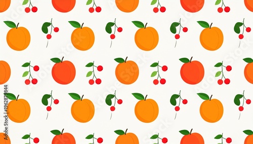 Cute Seamless Fruit Pattern with Ripe Peaches and Cherries for Textile Prints