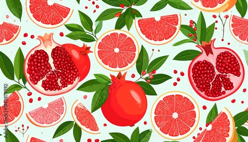 Vibrant Seamless Pattern of Fresh Pomegranate Halves and Grapefruit Slices with Lush Green Leaves on Light Background - Ideal for Textile and Wallpaper Print