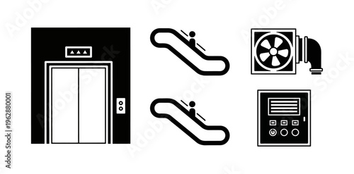 Vector icon set of essential building infrastructure elevator, escalators, ventilation fan, and a mechanical control panel. Perfect for architectural and engineering designs