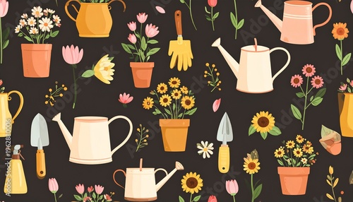 Charming Seamless Pattern with Gardening Tools Potted Flowers and Watering Cans in Flat Illustration Style