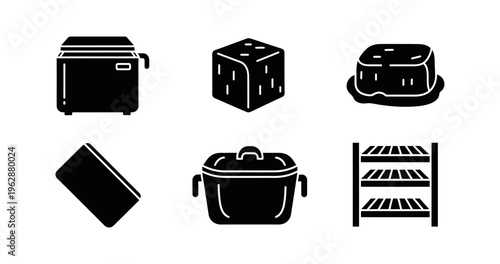 A diverse collection of essential kitchen and cooking icons, featuring everyday household items, food preparation tools, and ingredients in a sleek black silhouette vector style