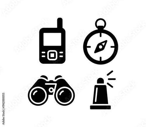 Essential outdoor gear collection featuring navigation tools, communication devices, and exploration equipment for adventure, travel, and discovery expeditions