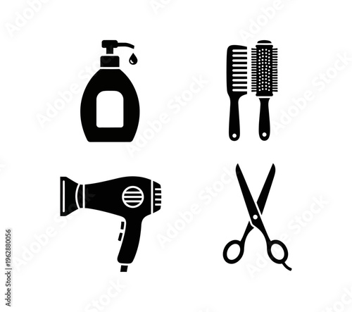 A comprehensive set of essential hair care and styling tools, featuring a shampoo bottle, brushes, a hairdryer, and sharp scissors, suitable for beauty salons and personal use