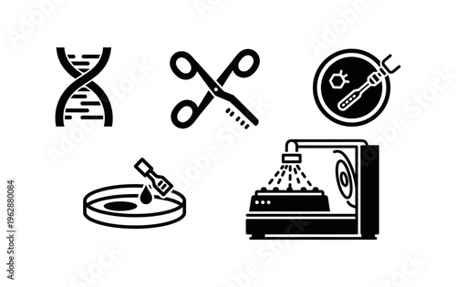 Essential monochrome vector icons for scientific research and laboratory work, depicting core concepts in genetics, molecular biology, medical diagnostics, and experimental procedures