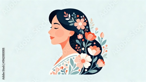 Beautiful Woman Profile with Dark Hair Adorned by Peach Flowers for Beauty Wellness Spring Themes