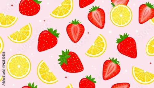 Refreshing Summer Seamless Pattern with Illustrated Strawberry and Lemon Slices on Pastel Pink