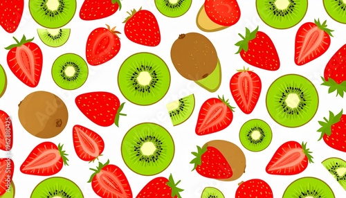 Vibrant Summer Fruit Pattern with Sliced Strawberries and Kiwis on a Clean White Background