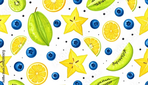 Vibrant Seamless Tropical Fruit Pattern with Starfruit Kiwi Lemon and Blueberries on White