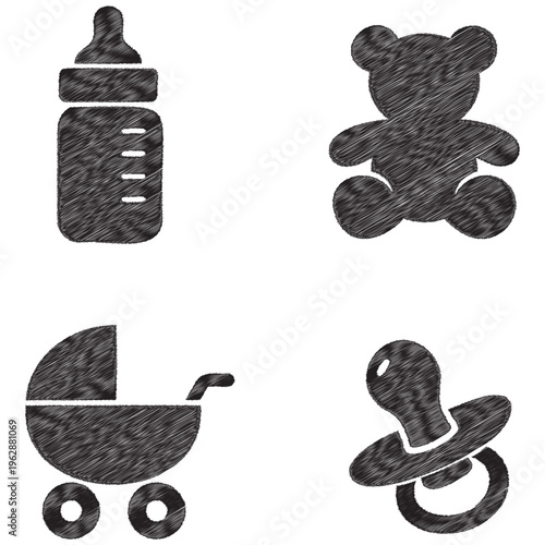 Four black baby teddy bear stroller bottle pacifier white