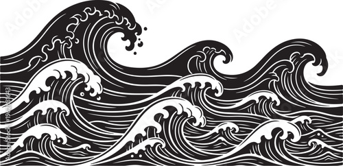 Black and white illustration of ocean waves crashing strongly