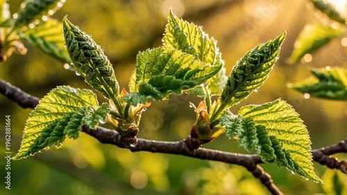 Morning sunlight on dewkissed leaves revealing nature's springtime renewal