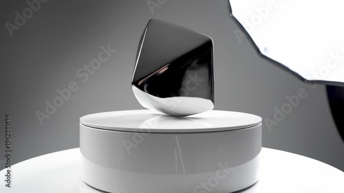 Futuristic metal sculpture rotating on circular white platform in minimalist setting