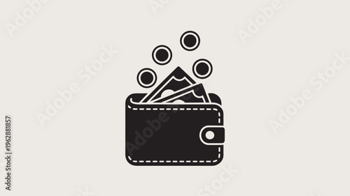 A black wallet with money and coins spilling out on a beige background