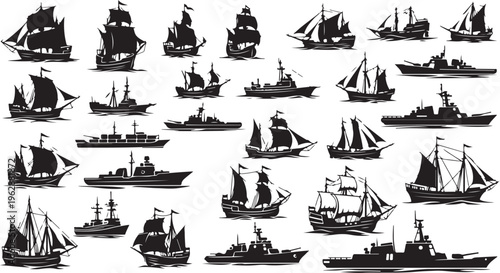 Collection of various sailboat and ship silhouettes on white