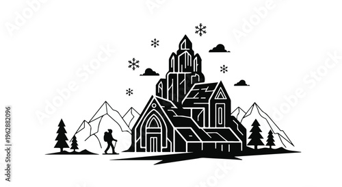 Hiker silhouette stands before a geometric mountain lodge surrounded by snowy peaks and winter pine trees in a clean vector style illustration.