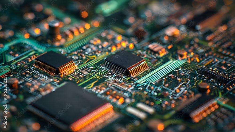 Obraz premium Close-up of a computer circuit board with various components and data transferring connections in a blurred, cinematic view with warm orange