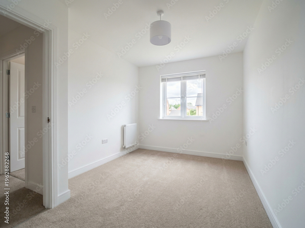 Obraz premium An empty room with white walls and a window showing a view of another house outside.