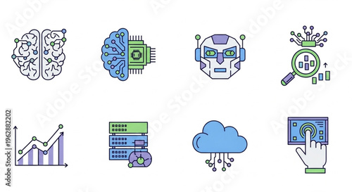 Artificial intelligence icon set, machine learning, neural network, tech symbols, modern vector, white background