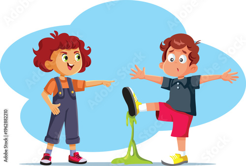 Child Laughs at a Classmate He Played a Prank On Illustration. Mean evil prankster bully making an insensitive joke on Aprils fools day