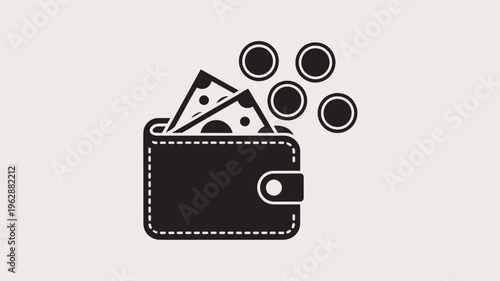 A black wallet with money and coins spilling out on a beige background