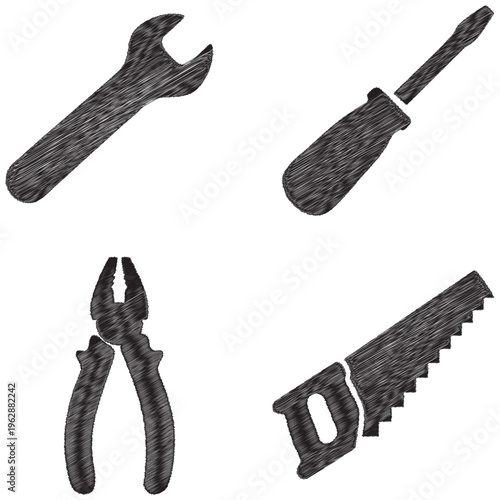 Black silhouette of wrench screwdriver pliers and saw tool