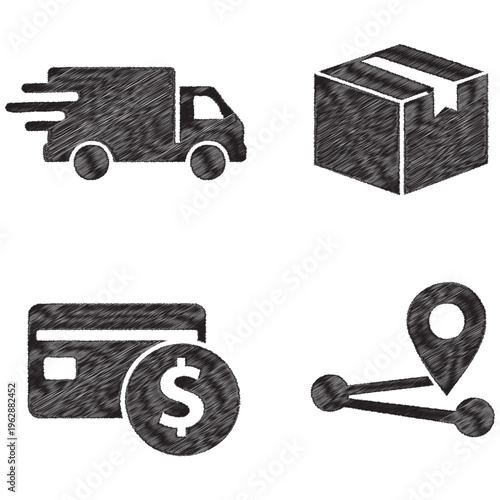 Delivery truck package credit card dollar coin and map pin speed motion
