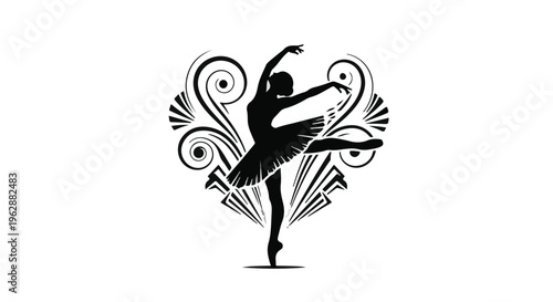 A ballerina silhouette performs an arabesque pose centered within an ornate heart shape featuring stylized swirling accents.