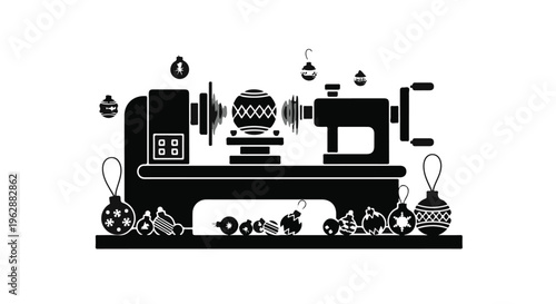 A wood lathe machine crafts a spherical ornament surrounded by decorative hanging baubles in a workshop setting.