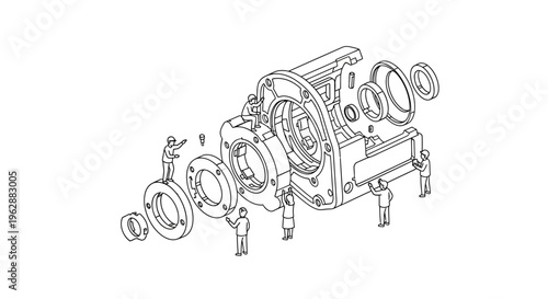 Detailed mechanical CAD assembly illustration of industrial machine parts with exploded view and technical drawing on a clean white background.