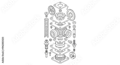 Detailed mechanical CAD assembly illustration of industrial machine parts and components on a clean white background with a technical drawing style.