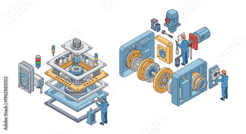 Isometric illustration of a mechanical CAD design process for industrial machine parts with a detailed assembly and exploded view on a clean white background.