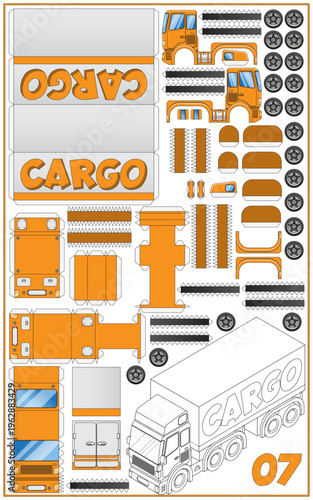 Truck with semi-trailer. A set for making a paper model. Isolated on white background. Vector illustration. 